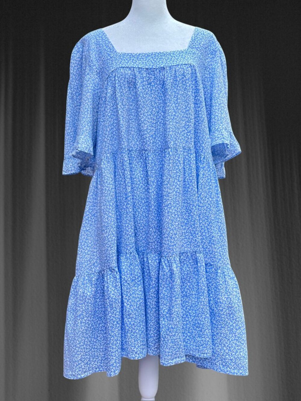 Easel Floral Babydoll Mini Dress Tiered Pockets Square Neck Cottagecore (Large)